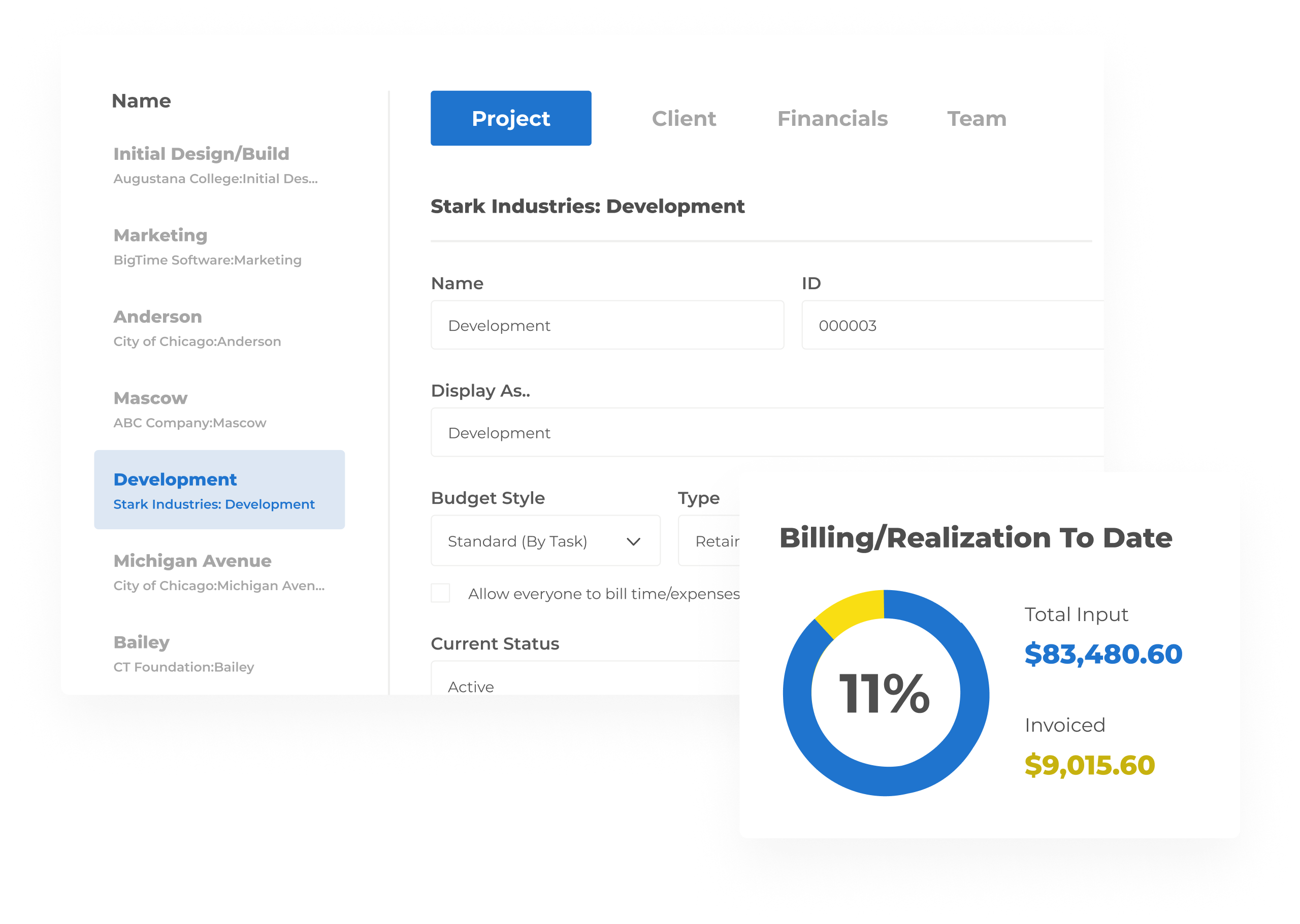 Tracking project status and billing utilization to date